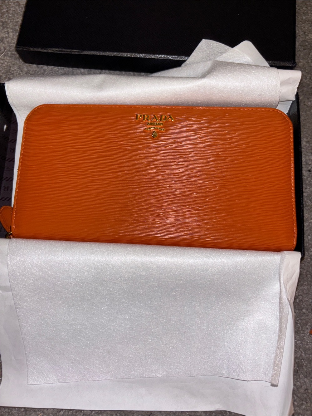 Prada Orange Zip-Around Saffiano Leather Wallet with Gold Logo